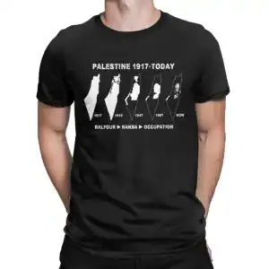 Palestine 1917-today t-shirt avec carte historique du conflit palestinien, idéal pour soutenir la cause et l'histoire de la Palestine.